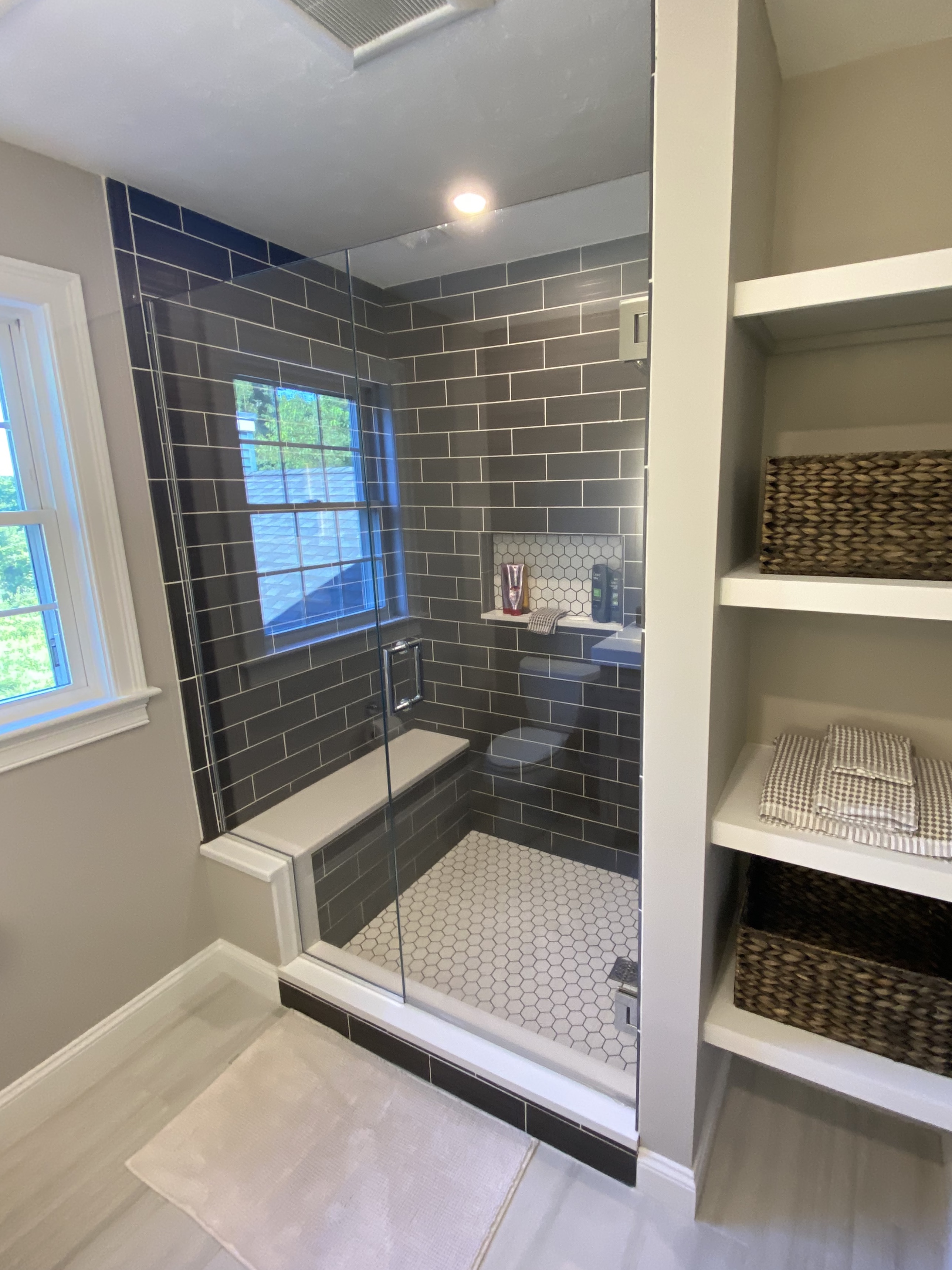 glass shower, subway tile